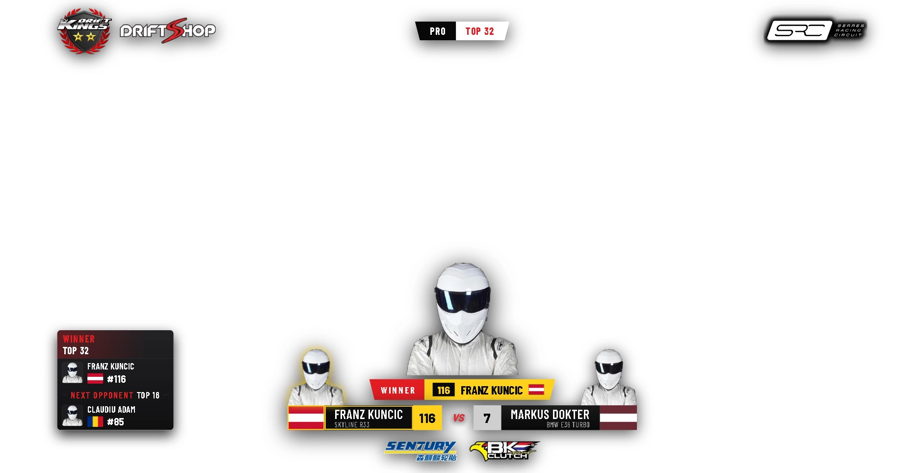 The Drift.RS OBS layer on a transparency checkerboard: winner banner, battle bar, and a side panel showing the winner and next opponent.